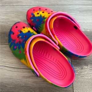 Pink tie dye crocs